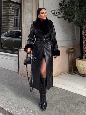 Black Leather Long Coat with Fur Trim